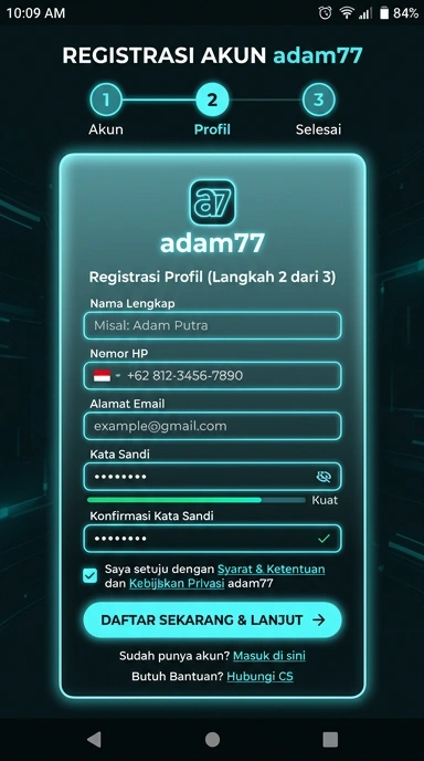 Registrasi Akun Baru adam77 untuk Android